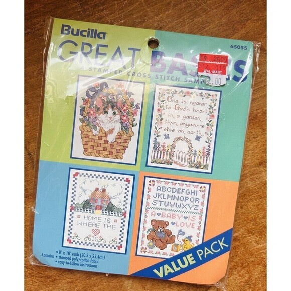 Vintage Bucilla Great Basics Cross Stitch Samplers NOS Sealed 4 designs Cats - Picture 1 of 2